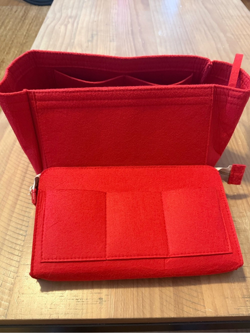 Red Felt Purse Organizer Insert with Zipper Pouch 13 by 6 inches.